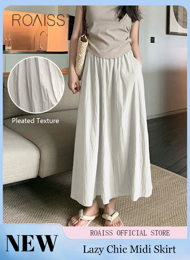 roaiss Versatile High-Waisted Pleated Midi Skirt | Basic Yamamoto-Style Lazy | Fashionable & Slimming | Leg-Shaping | Women's Mid-Length Skirt - Image 1