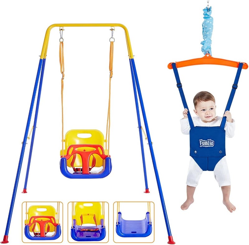 FUNLIO 2-in-1 Swing Set and Baby Door Hopper for Toddlers, Swing Set for Children with 4 Sandbags, Foldable Metal Stand for Indoor and Outdoor Use, Easy to Assemble and Store - Image 1