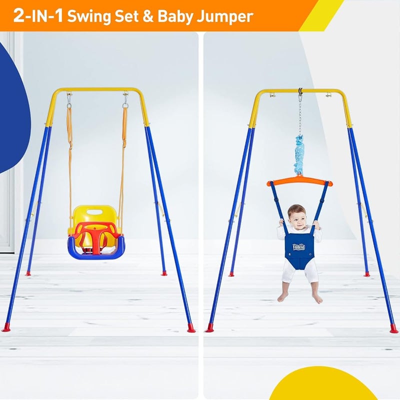 FUNLIO 2-in-1 Swing Set and Baby Door Hopper for Toddlers, Swing Set for Children with 4 Sandbags, Foldable Metal Stand for Indoor and Outdoor Use, Easy to Assemble and Store - Image 2
