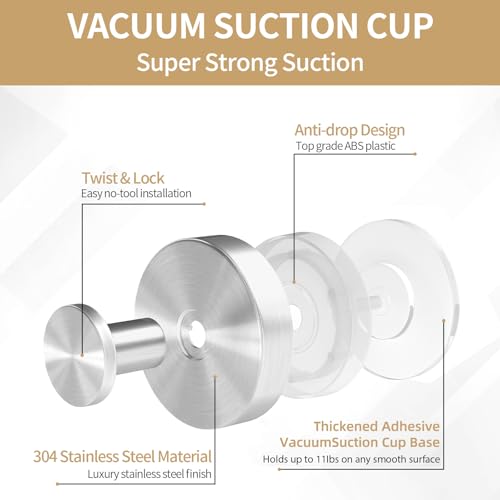 STWWO Suction Cup Hooks for Shower, Heavy Duty Towel Hooks for Walls No Damage, Modern Shower Suction Hooks for Kitchen Bathroom Wall, Glass, Mirror, Tile, Hanging Towels Robes, Brushed Nickel (2 Pack) - Image 2