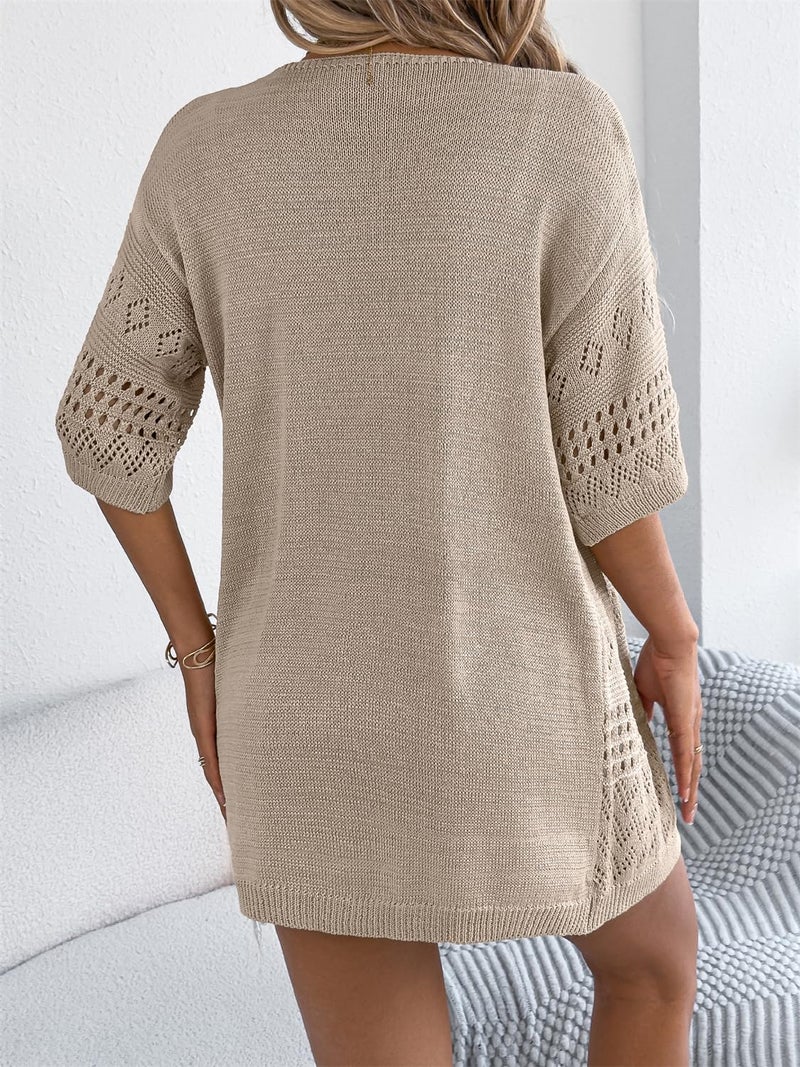 QegarTop Lightweight Summer Crochet Cardigan for Women Short Sleeve Kimono Boho Oversized Open Front Knitted Cardigan Khaki XL - Image 5