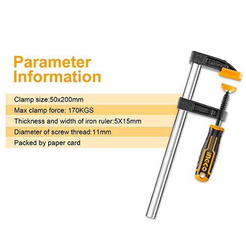 INGCO F Clamps 50x150mm Steel f clamp with Rubberized Handle and Surface Protection PVC Cover for Better Grip Metal F Clamps for Woodworking Glass and Welding Works - Image 2