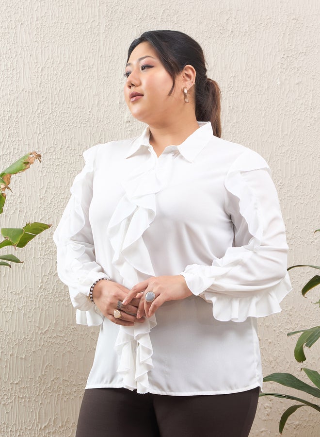 SASSAFRAS Plus Size White Solid Ruffled Long Sleeve Regular Fit Shirt  - Image 3