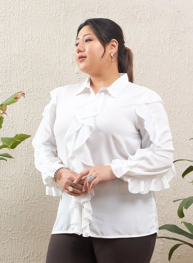 SASSAFRAS  Plus Size White Solid Ruffled Long Sleeve Regular Fit Shirt for Women | Best Price UAE