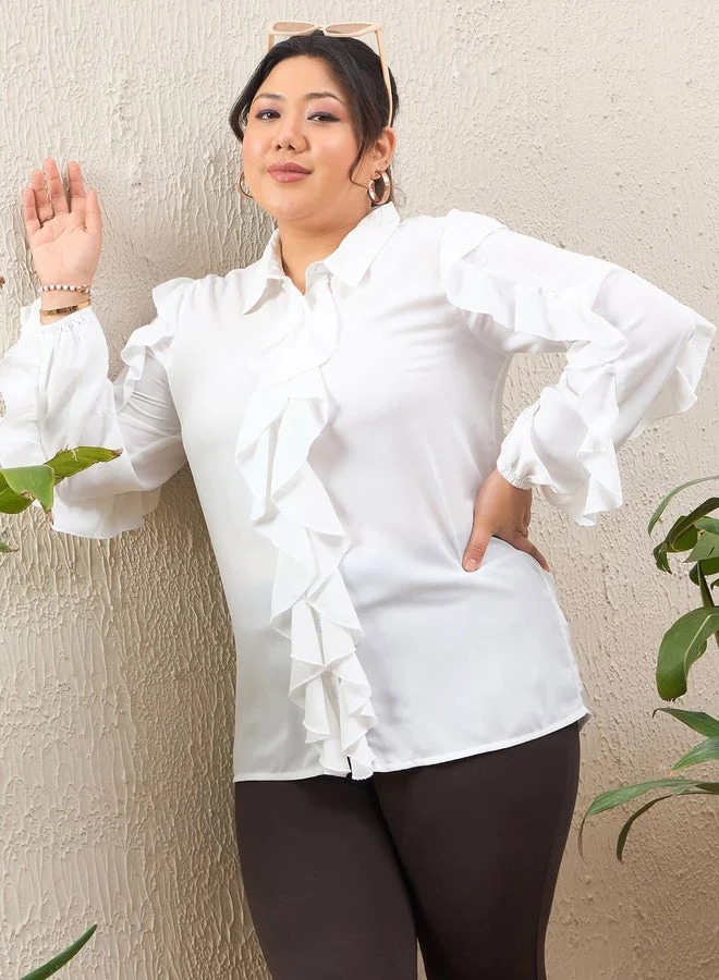 SASSAFRAS  Plus Size White Solid Ruffled Long Sleeve Regular Fit Shirt for Women | Best Price UAE