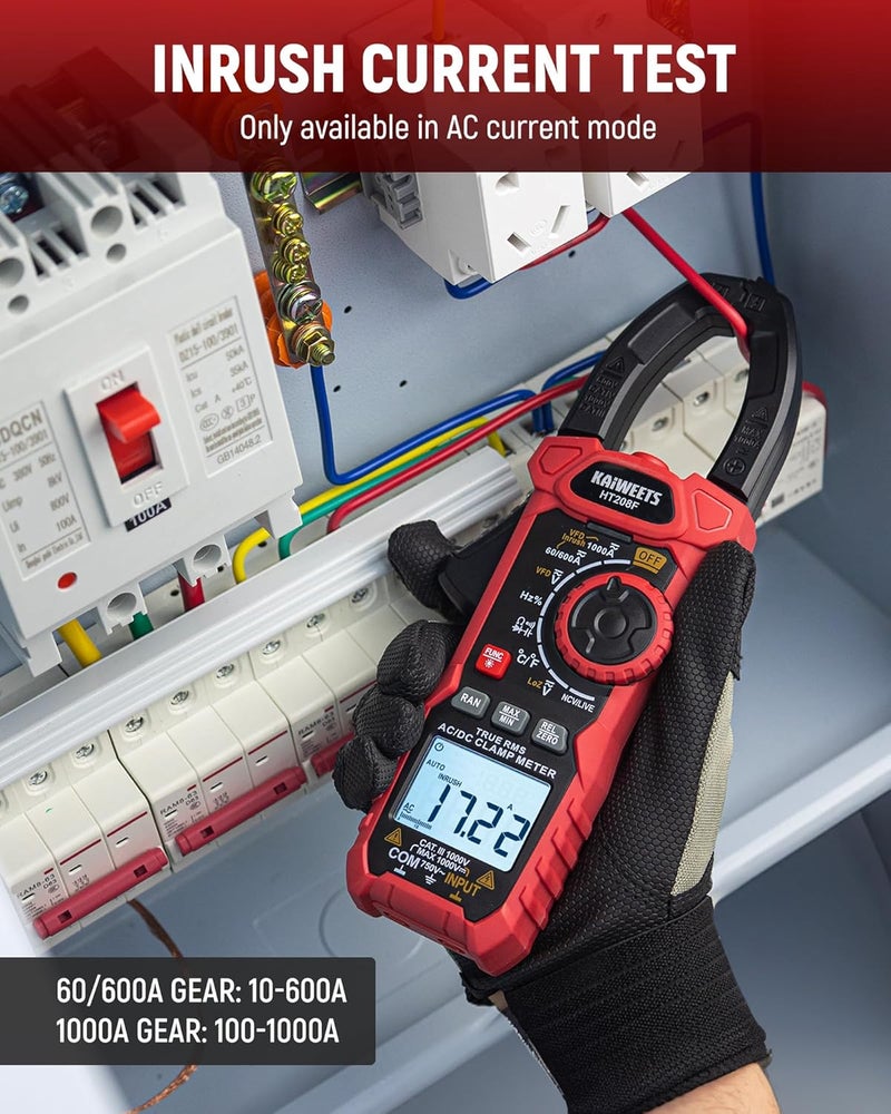 KAIWEETS Inrush Digital Clamp Meter 1000A with Backlit; Multimeter TRMS 6000 Counts, Amp Voltage Tester with VFD, LOZ Mode; Measures AC/DC Current Voltage Temperature Resistance NCV - Upgraded Screen - Image 4