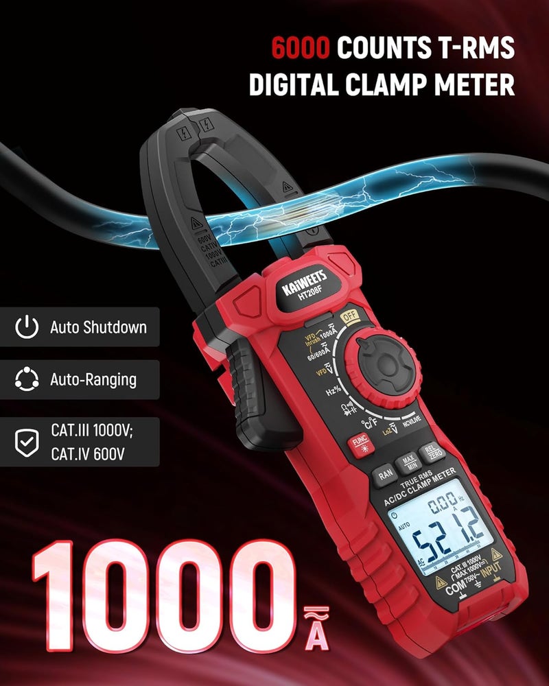 KAIWEETS Inrush Digital Clamp Meter 1000A with Backlit; Multimeter TRMS 6000 Counts, Amp Voltage Tester with VFD, LOZ Mode; Measures AC/DC Current Voltage Temperature Resistance NCV - Upgraded Screen - Image 3