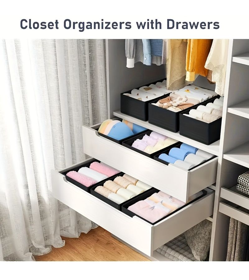6pcs Black Non Woven Fabric Drawer Organizer Set Foldable Storage Baskets For Socks Underwear Bras Belts Ties Cosmetics Wardrobe Dresser Desktop Organization For Bedroom Home Dorm - Image 1
