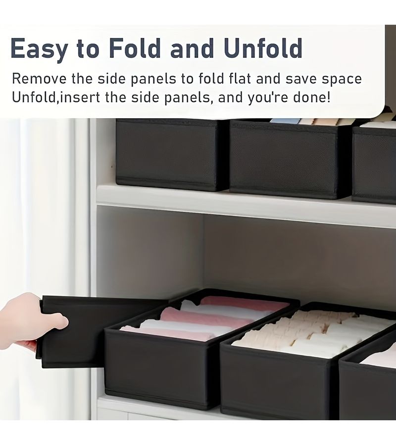 6pcs Black Non Woven Fabric Drawer Organizer Set Foldable Storage Baskets For Socks Underwear Bras Belts Ties Cosmetics Wardrobe Dresser Desktop Organization For Bedroom Home Dorm - Image 5