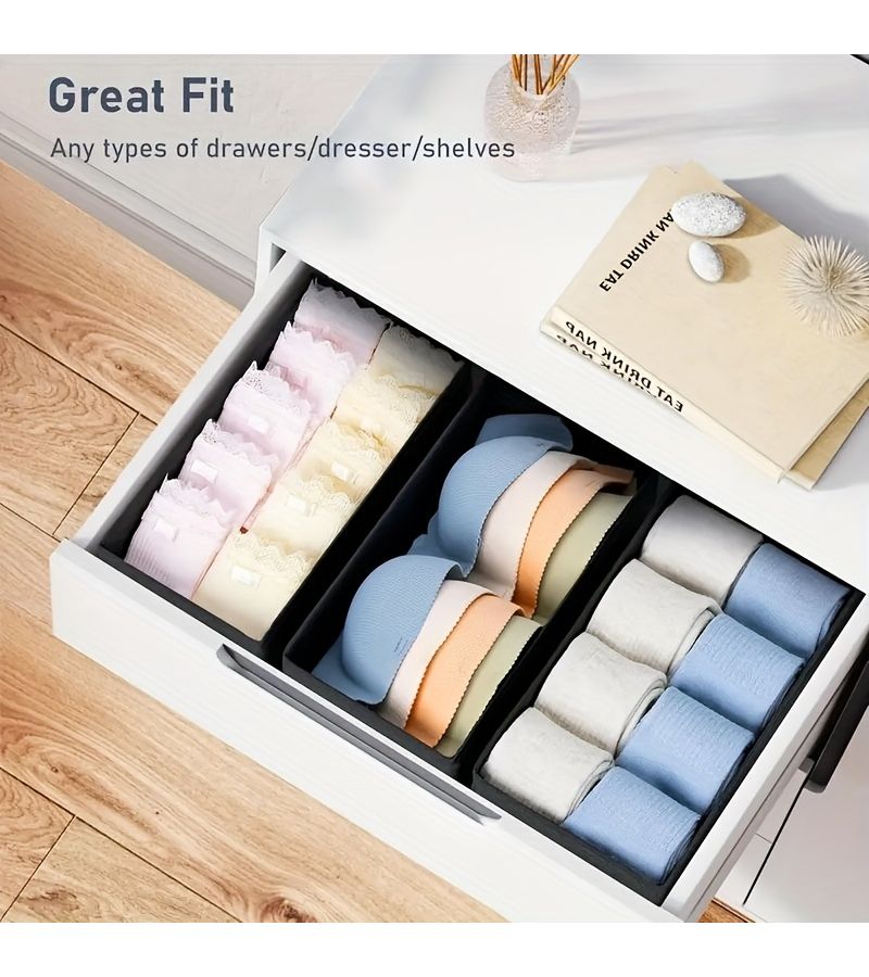 6pcs Black Non Woven Fabric Drawer Organizer Set Foldable Storage Baskets For Socks Underwear Bras Belts Ties Cosmetics Wardrobe Dresser Desktop Organization For Bedroom Home Dorm - Image 2