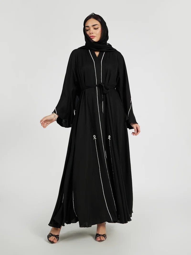 Reem Abayas Black Evening Abaya with Vertical Crystal Trims