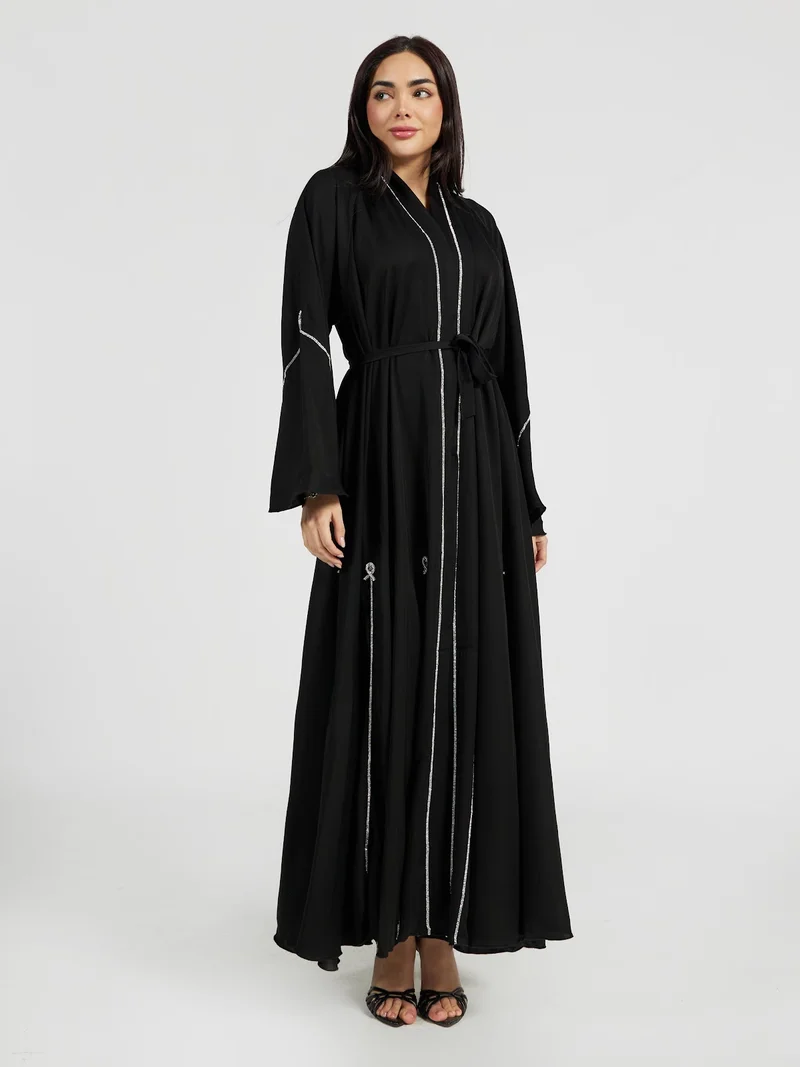 Reem Abayas Black Evening Abaya with Vertical Crystal Trims