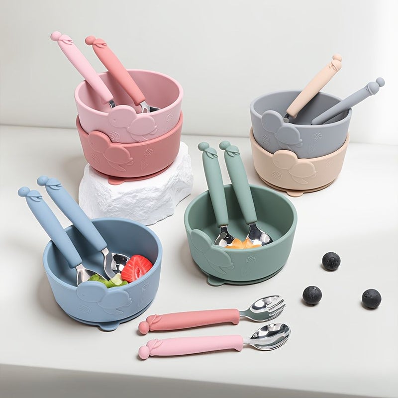 Set Of 3 Silicone Baby Bowls With Non Slip Suction Base Food Grade Spoon In White Apricot For Infants Over 6 Months Easy To Clean Dishwasher Safe Cute Animal Pattern Gift For Home Use - Image 4