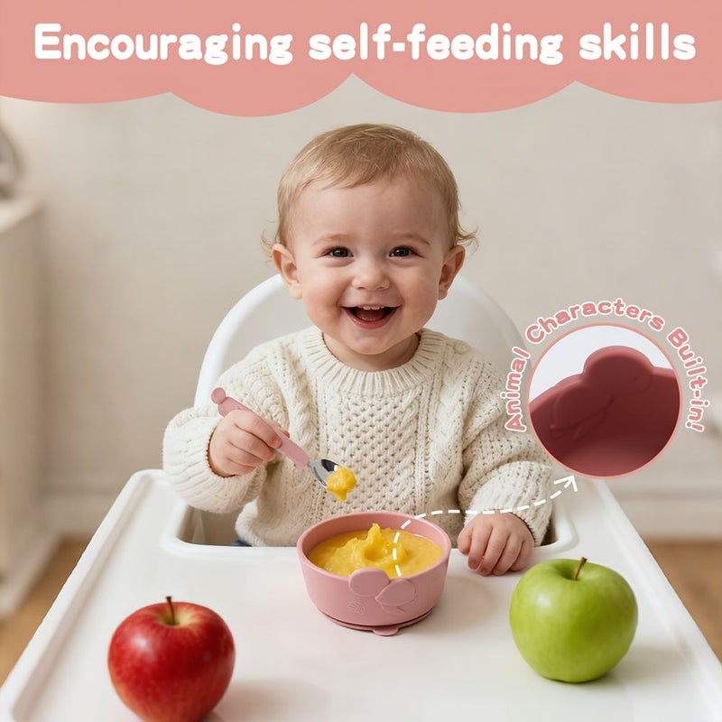 Set Of 3 Silicone Baby Bowls With Non Slip Suction Base Food Grade Spoon In White Apricot For Infants Over 6 Months Easy To Clean Dishwasher Safe Cute Animal Pattern Gift For Home Use - Image 2