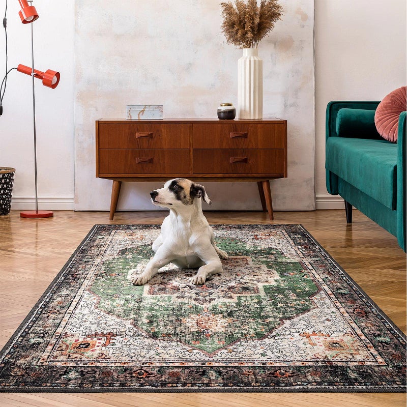 YesRug Boho Area Rug 3x5 Green Rug Washable Vintage Rug for Kitchen Living Room Bedroom Bathroom Office Low Pile Non Slip Floor Carpet - Image 1