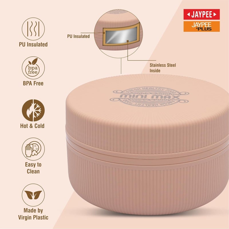 JAYPEE صندوق غداء ميني ماكس للمدرسة، المكتب، مثالي للوجبات الخفيفة والوجبات، يحافظ على الطعام ساخنًا وطازجًا، عازل من الفولاذ المقاوم للصدأ مع طبق بلاستيكي داخلي للمكتب، الكلية والنزهات، خوخي، 830 مل - Image 2