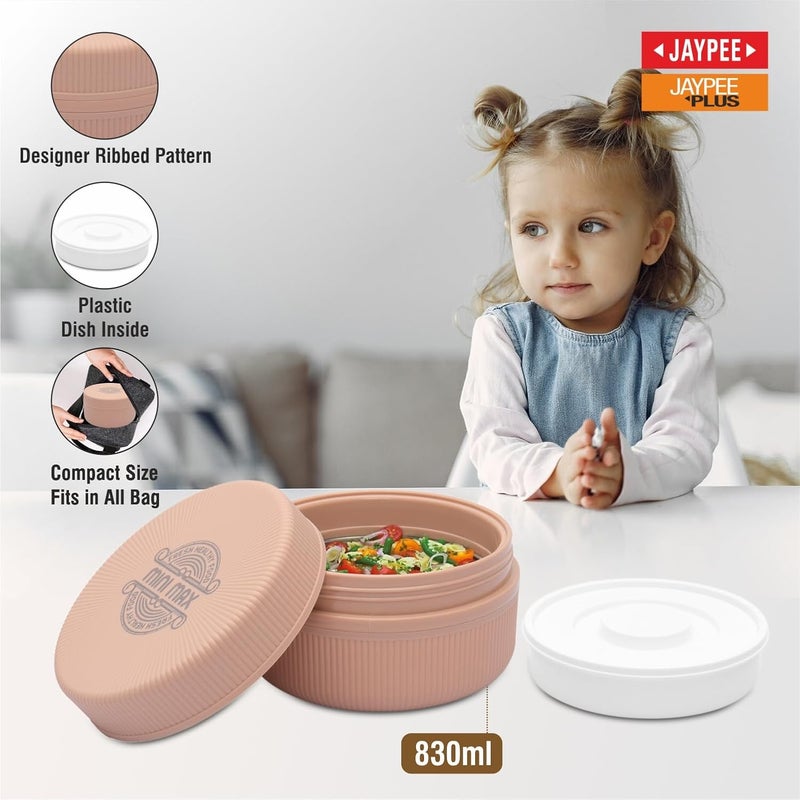 JAYPEE صندوق غداء ميني ماكس للمدرسة، المكتب، مثالي للوجبات الخفيفة والوجبات، يحافظ على الطعام ساخنًا وطازجًا، عازل من الفولاذ المقاوم للصدأ مع طبق بلاستيكي داخلي للمكتب، الكلية والنزهات، خوخي، 830 مل - Image 3