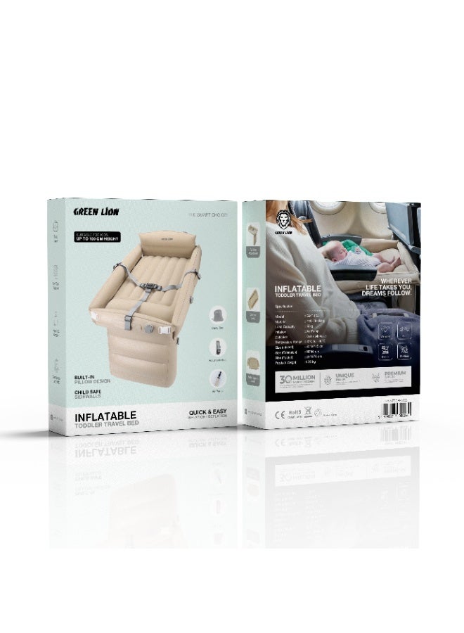GREEN LION Inflatable Toddler Travel Bed / Portable Travel Crib with Built-in Pillow & Sidewalls / Air Pump, Adjustable Belt, and High Load Capacity / Travel Bed for Airplane & Car Use / Easy Inflation & Deflation - Beige - Image 3