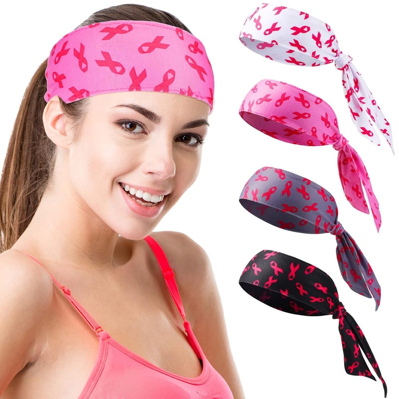 Cindeer 4 Pieces Breast Cancer Awareness Head Tie Headbands Pink Ribbon Headbands Elastic Tie on Headband Adjustable Wide Hair Wrap Sweatbands for Women Workout Sports Yoga Running Tennis Breast Cancer Gifts 