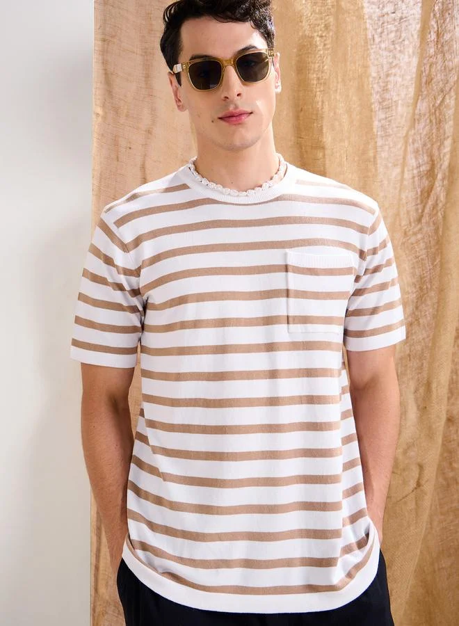 SASSAFRAS Sassafras White and Beige Stripes Premium Knit Chest Pocket T-Shirt