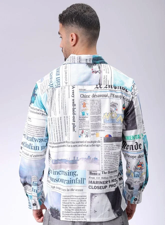 The Indian Garage Co Men Regular Fit Photo Print Full Sleeves Cutaway Collar Double Flap Pocket Street Wear Over Shirt
