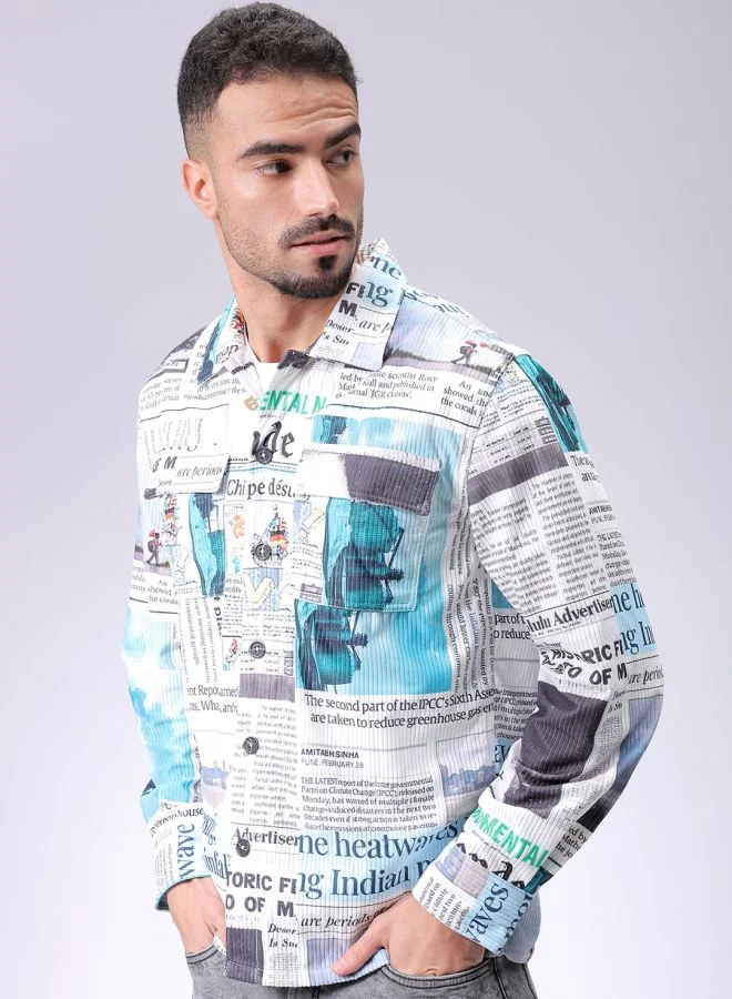 The Indian Garage Co Men Regular Fit Photo Print Full Sleeves Cutaway Collar Double Flap Pocket Street Wear Over Shirt