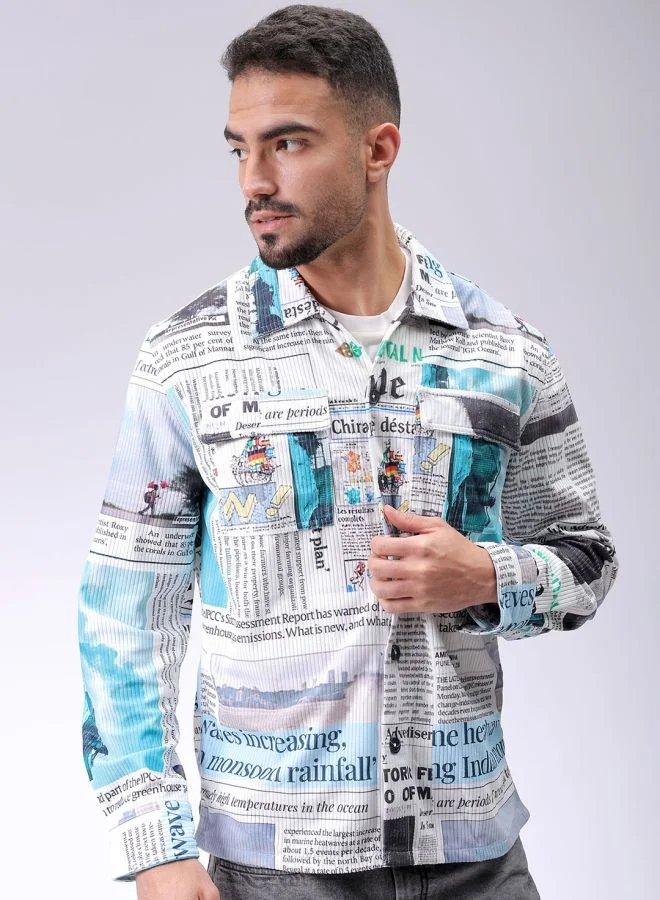 The Indian Garage Co Men Regular Fit Photo Print Full Sleeves Cutaway Collar Double Flap Pocket Street Wear Over Shirt