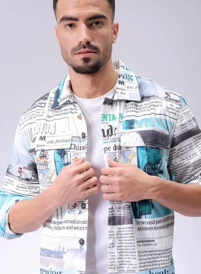 The Indian Garage Co Men Regular Fit Photo Print Full Sleeves Cutaway Collar Double Flap Pocket Street Wear Over Shirt