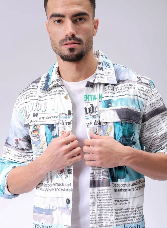 The Indian Garage Co Men Regular Fit Photo Print Full Sleeves Cutaway Collar Double Flap Pocket Street Wear Over Shirt