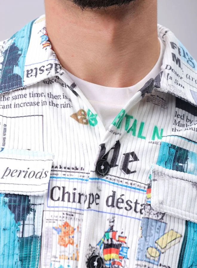 The Indian Garage Co Men Regular Fit Photo Print Full Sleeves Cutaway Collar Double Flap Pocket Street Wear Over Shirt