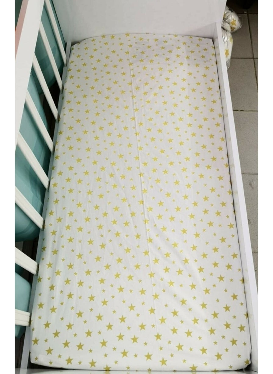Bebek Özel Baby Special 100% Cotton Baby and Kids Elastic Bed Sheet White Background with Yellow Stars 100X160  - Image 2