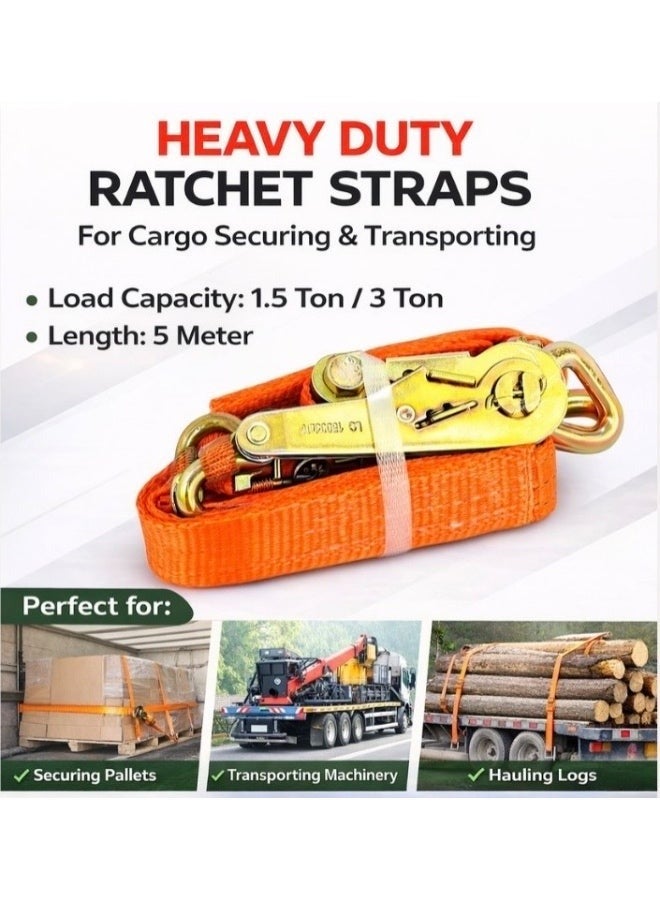 Heavy Duty Ratchet Tie Down Strap 5M – Cargo Securing Strap with Metal Hooks, 1.5T / 3T Load Capacity