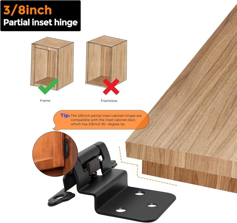 Ravinte 60 Packs (30 Pairs) 3/8" Inset Matte Black Cabinet Hinge, Self Closing Hinges for Kitchen/Bathroom/Furniture Cabinets & Doors. Decorative Hardware with Door Bumper. - Image 5