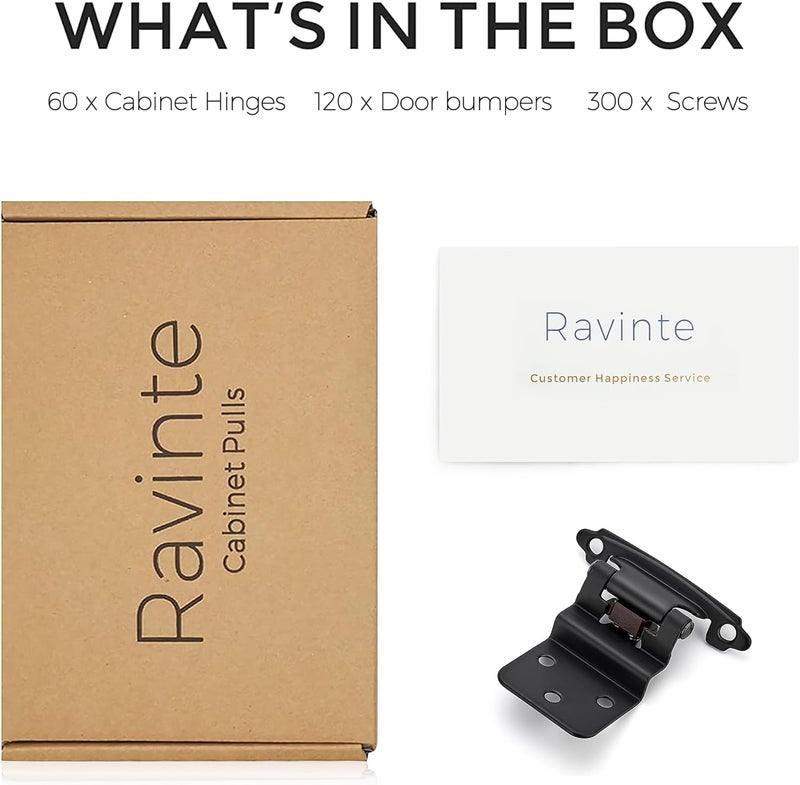 Ravinte 60 Packs (30 Pairs) 3/8" Inset Matte Black Cabinet Hinge, Self Closing Hinges for Kitchen/Bathroom/Furniture Cabinets & Doors. Decorative Hardware with Door Bumper. - Image 4