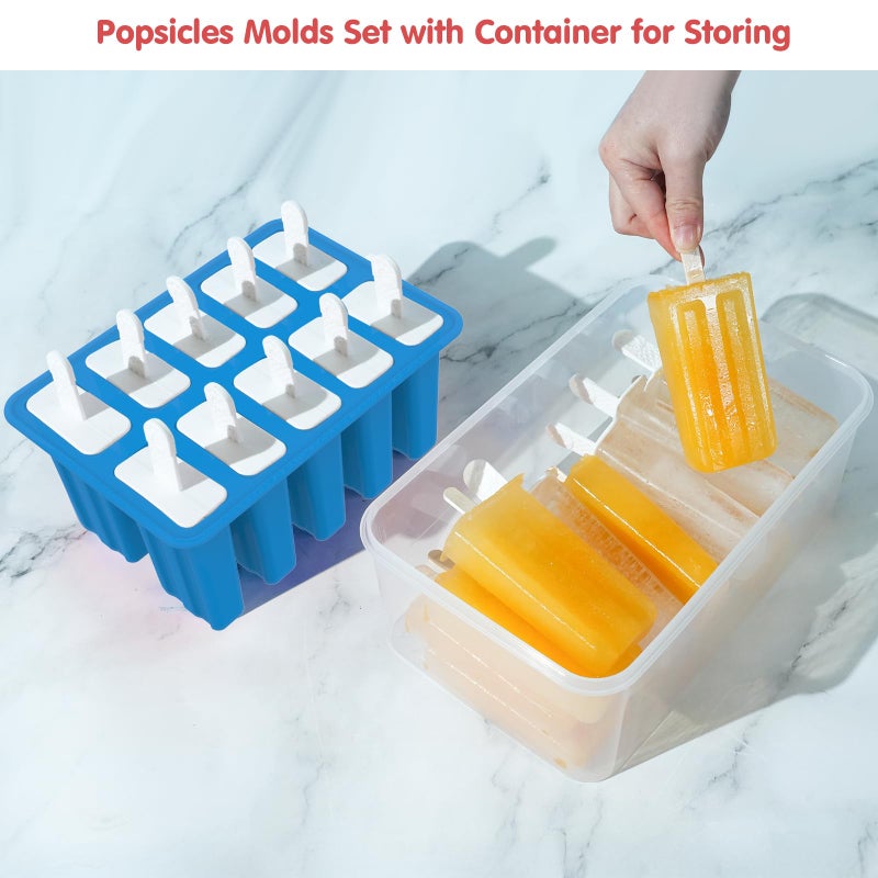 Miaowoof Homemade Popsicle Molds, 10-Cav Non-BPA Silicone Ice Pop Maker, with 50 Sticks, 50 Bags, 10 Reusable Sticks, Funnel, Brush and Ice Pop Recipe (Blue+Bin) - Image 2
