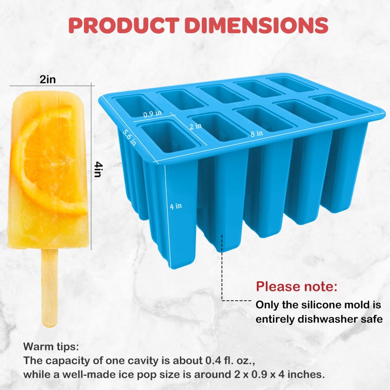 Miaowoof Homemade Popsicle Molds, 10-Cav Non-BPA Silicone Ice Pop Maker, with 50 Sticks, 50 Bags, 10 Reusable Sticks, Funnel, Brush and Ice Pop Recipe (Blue+Bin) - Image 5