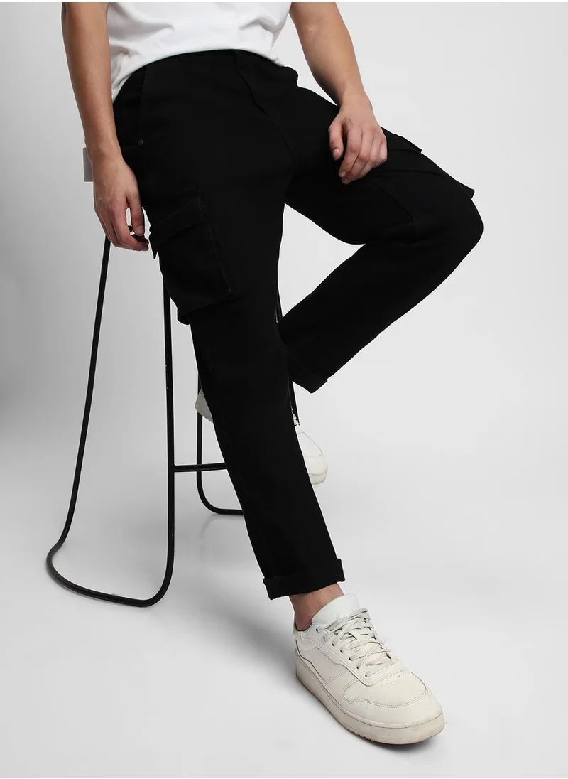 Dennis Lingo Men's Black Cotton Blend Solid Full Length Denim Cargo Jeans
