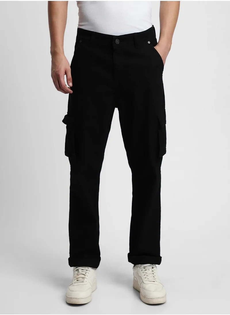 Dennis Lingo Men's Black Cotton Blend Solid Full Length Denim Cargo Jeans