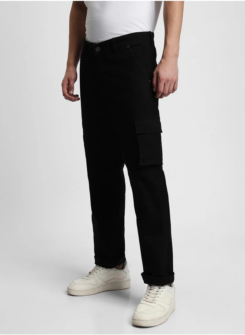 Dennis Lingo Men's Black Cotton Blend Solid Full Length Denim Cargo Jeans