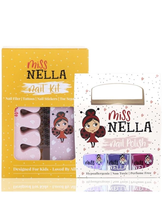 Miss NELLA Miss Nella NAIL KIT & Purple Unicorn- Nail accessories for kids- 3 peel off nail polish, nail stickers, tattoos, nail filer & toe separators- all designed foe children hands & toes - Image 1