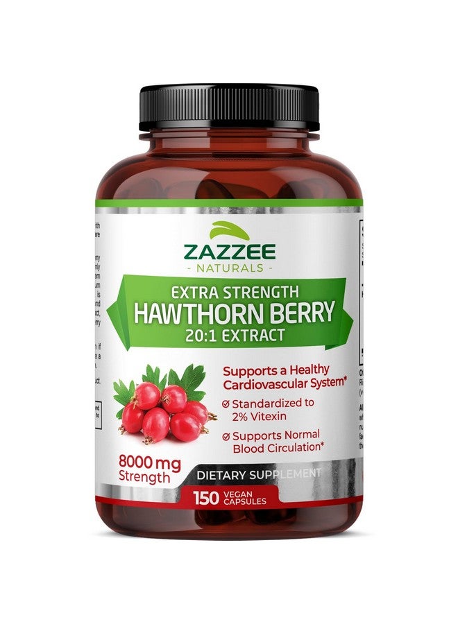 Zazzee Extra Strength Hawthorn Berry 20:1 Extract, 8000 mg Strength, 2% Vitexin, 150 Vegan Capsules, 5 Month Supply, Concentrated and Standardized Potent 20X Extract, Non-GMO and All-Natural - Image 1