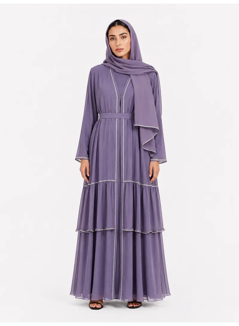 عباءات ريم Diamante Studded Layered Frill Abaya With Matching Sheila