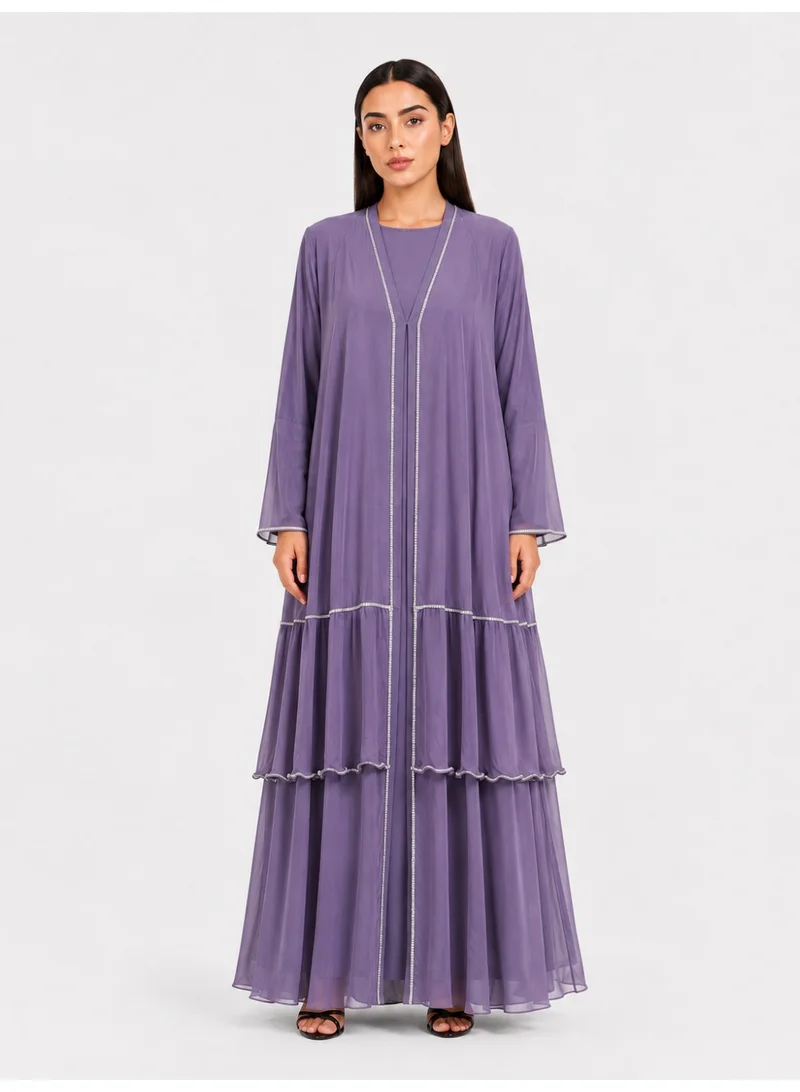 عباءات ريم Diamante Studded Layered Frill Abaya With Matching Sheila