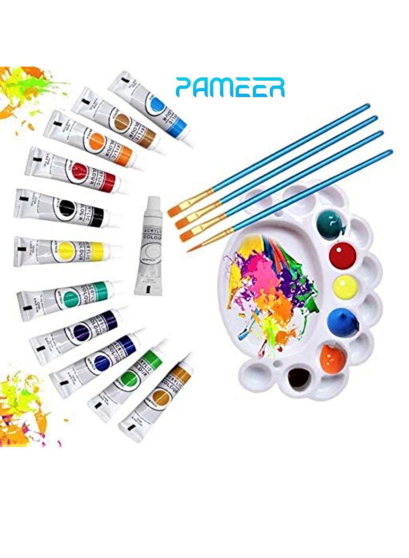 PAMEER Acrylic Colors Paint Set Painting kit has 12 x 12ml Tubes 4 Art Brushes 1 Palette Rich Pigments Colors Art Set Drawing Kit is Perfect Gifts for Artist Kids - Image 1