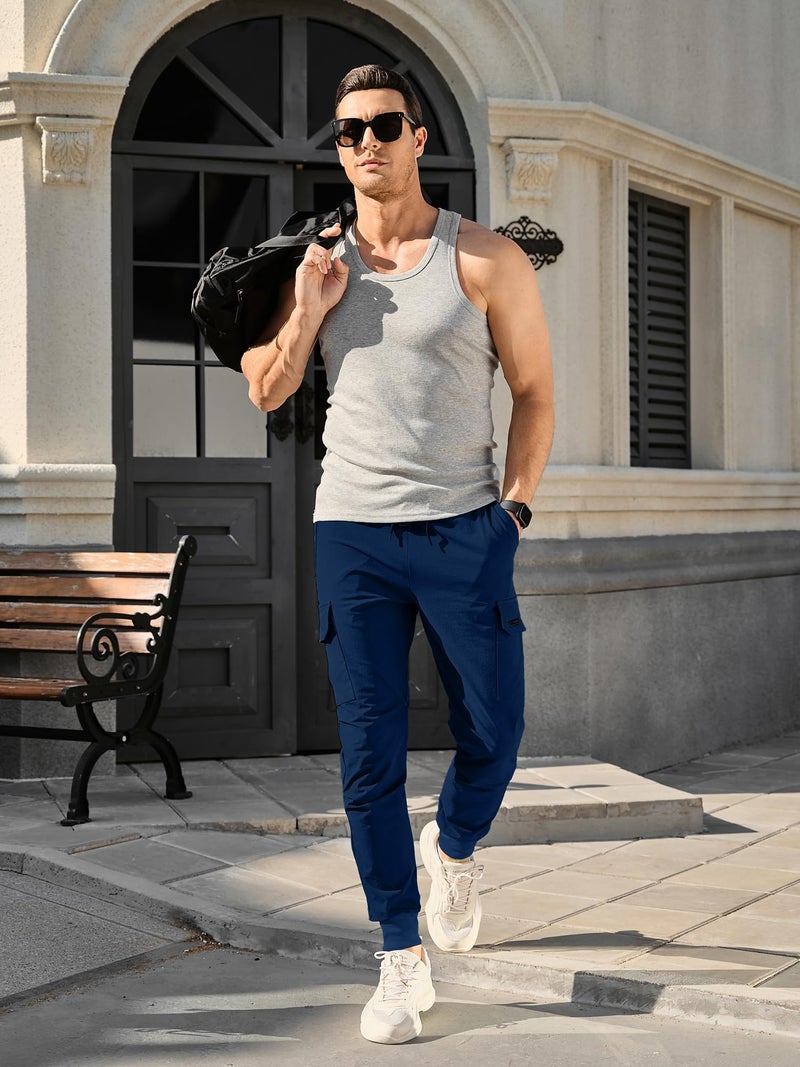 Comdecevis Men's Cargo Jogger Pants Stretch Sweatpants Slim Fit Tactical Pants with Zipper Pockets Casual Trousers Dark Blue Large - Image 4
