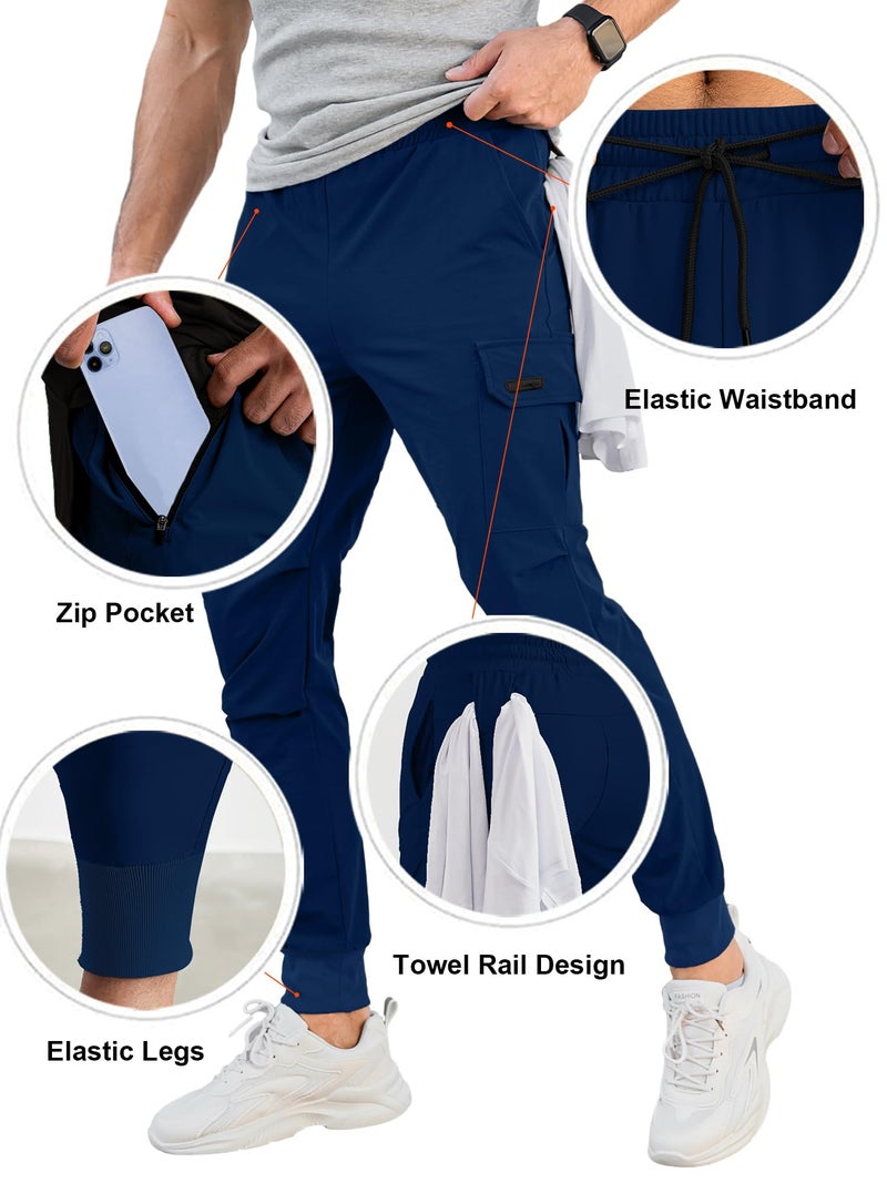 Comdecevis Men's Cargo Jogger Pants Stretch Sweatpants Slim Fit Tactical Pants with Zipper Pockets Casual Trousers Dark Blue Large - Image 2