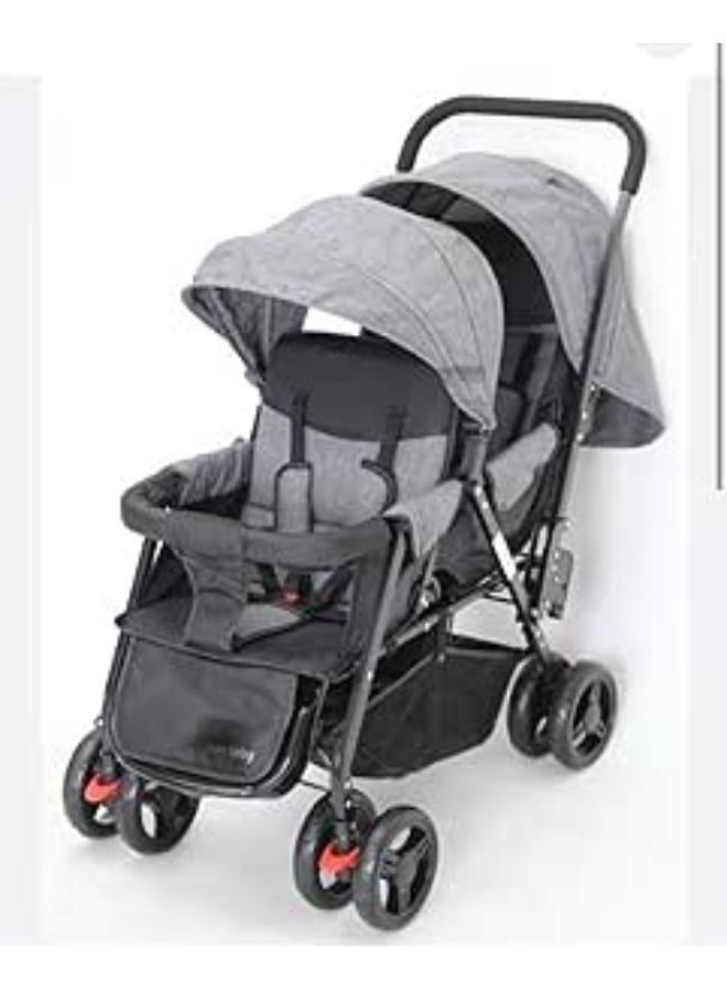 G Baby Double Twin Baby Stroller Pram | Shock Proof | Wide Seat And Canopy | 360° Rotating Wheels | Big Basket | Fully Recylinable | Newborn Baby/Kids | 0-3 Years | Grey