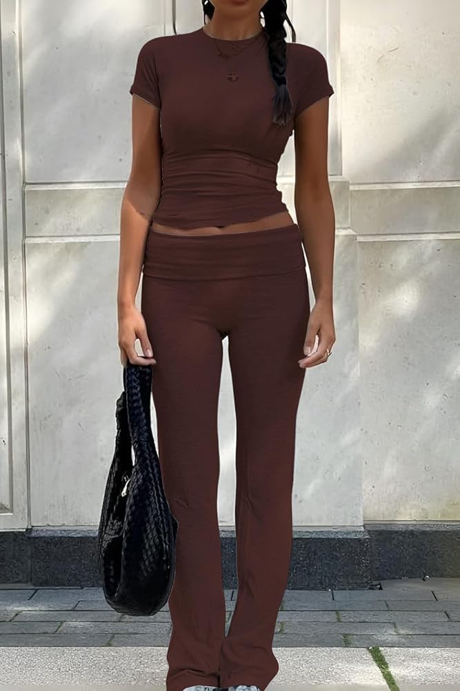 ZFLM Casual Workout Two Piece Outfits for Women Short Sleeve Crop High Waist Foldover Flare Pants Tracksuit Sets Streetwear - Image 2