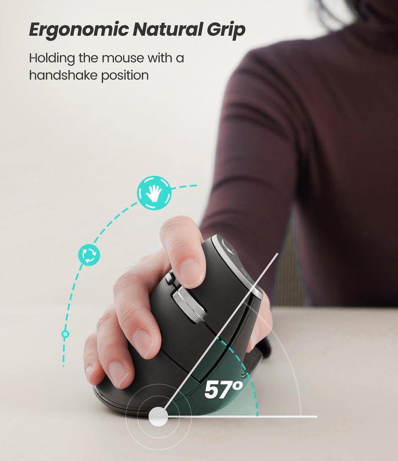 Nulea M510 Vertical Mouse Wireless, Ergonomic Mouse for Comfy Tracking, 3 Adjustable DPI (800-1200-1600), 2.4G Wireless Vertical Mouse with 6 Buttons, Compatible with Windows, Mac OS, Laptop, PC, Grey - Image 3