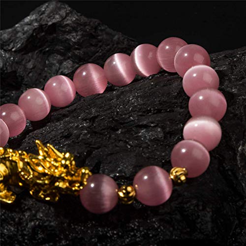 ZenBless Prime Feng Shui Bracelet Cat Eye Bead Bracelet with Gold Plated Pi Xiu/Pi Yao Attract Wealth and Good Luck Amulet Gift(Pink M) - Image 5